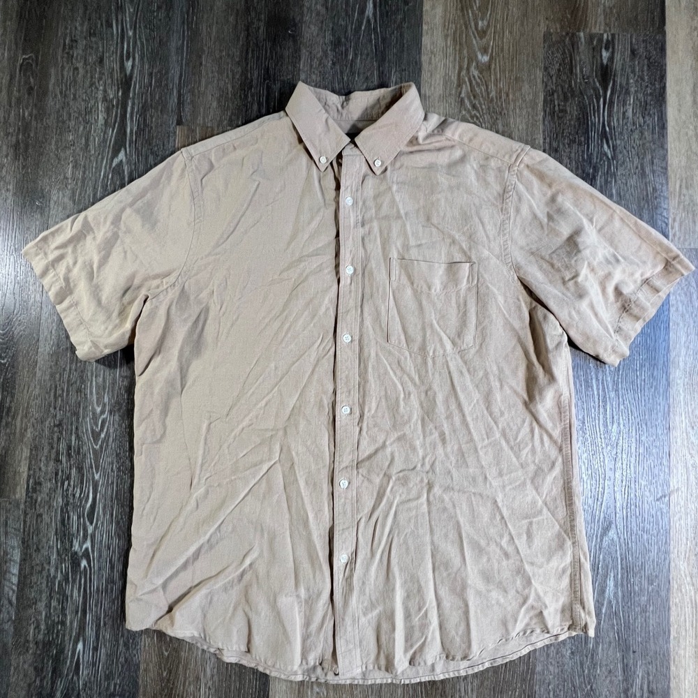 Sedyrak Button Down Shirt Mens L Tan Linen Blend Short Sleeve Casual Pocket